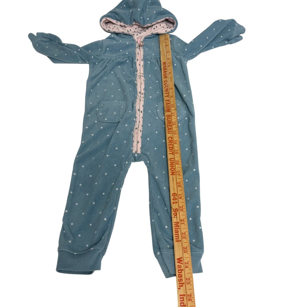 Carters Baby Girl 18M Blue Polka Dot Fleece Hooded Jumpsuit Romper Cat Back Zip - Picture 4 of 8